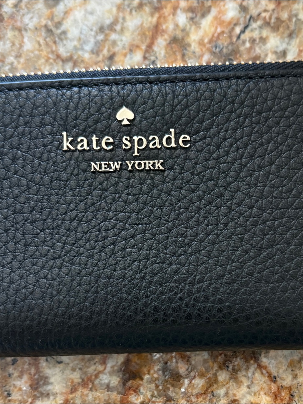 kate spade Black Pebbled Leather Zip Wallet with Gold Logo